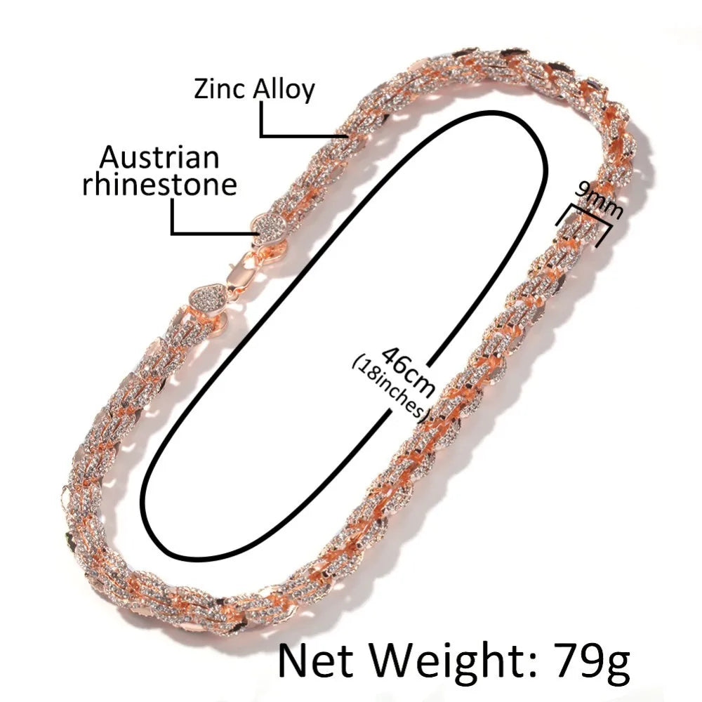 9mm Iced Out Rope Chain Necklace in Silver/Rose Gold/Gold
