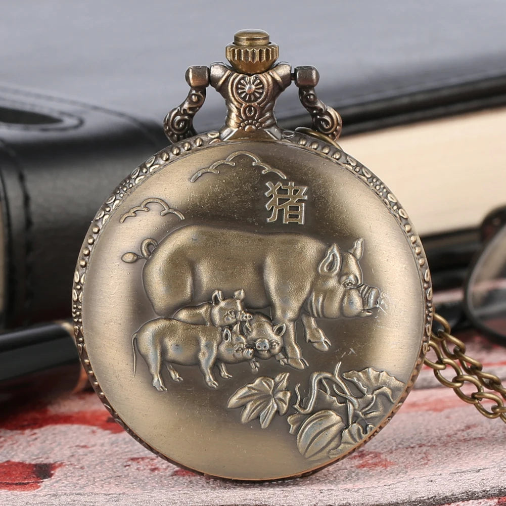 Unique Bronze Chinese Zodiac Quartz Pocket Watch Pendant