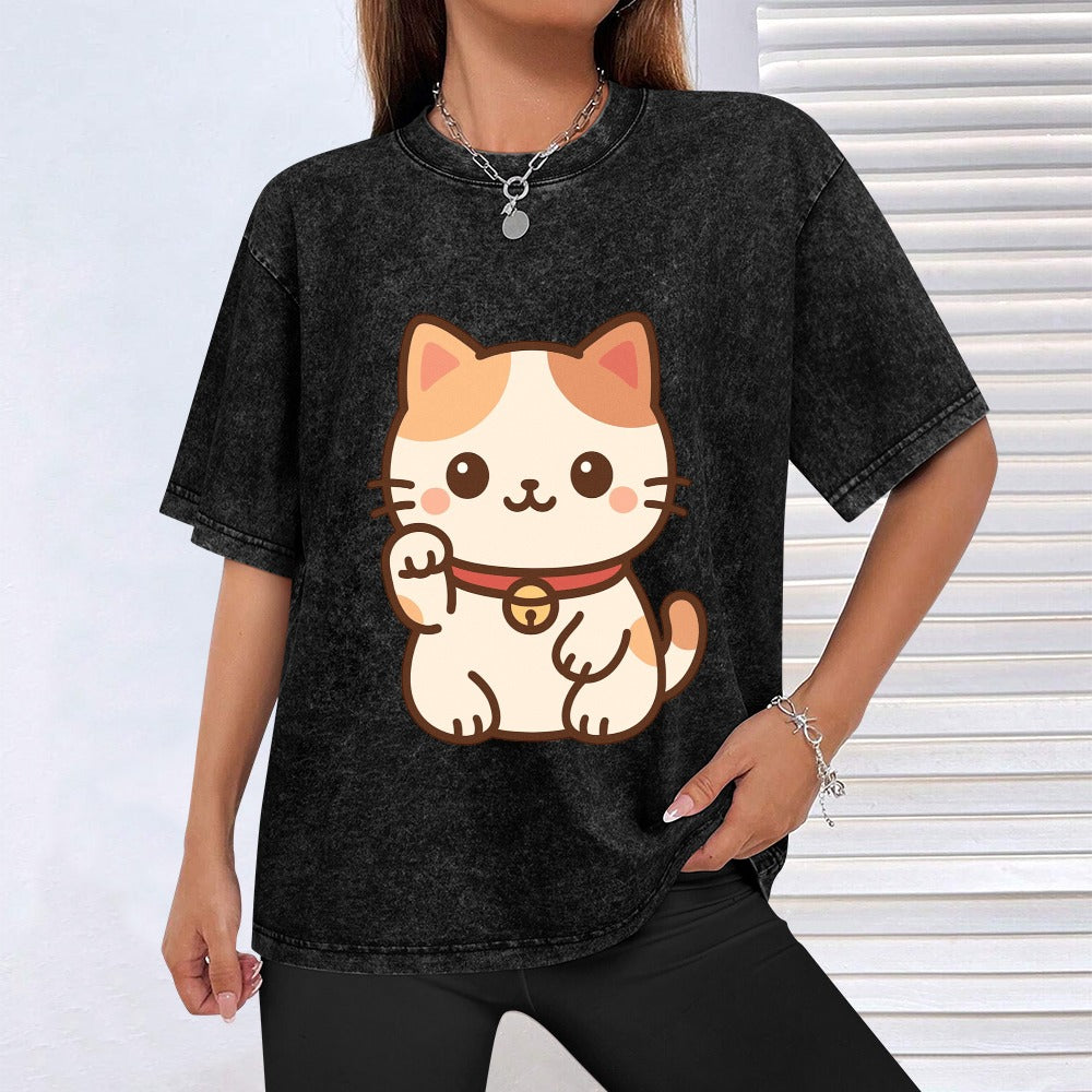 Kawaii Japanese Cat Vintage Wash Off Shoulder T-Shirt