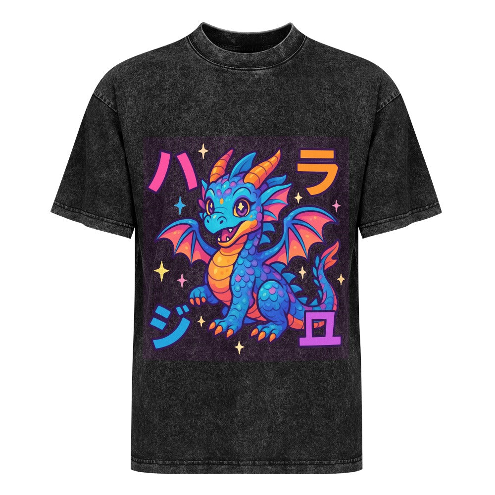 Harajuku Kawaii Dragon Vintage Wash Off Shoulder T-Shirt