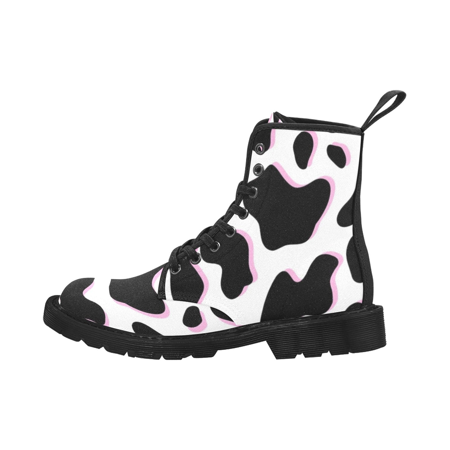 Black and Pink Cow Pattern Women's Lace Up Canvas Boots