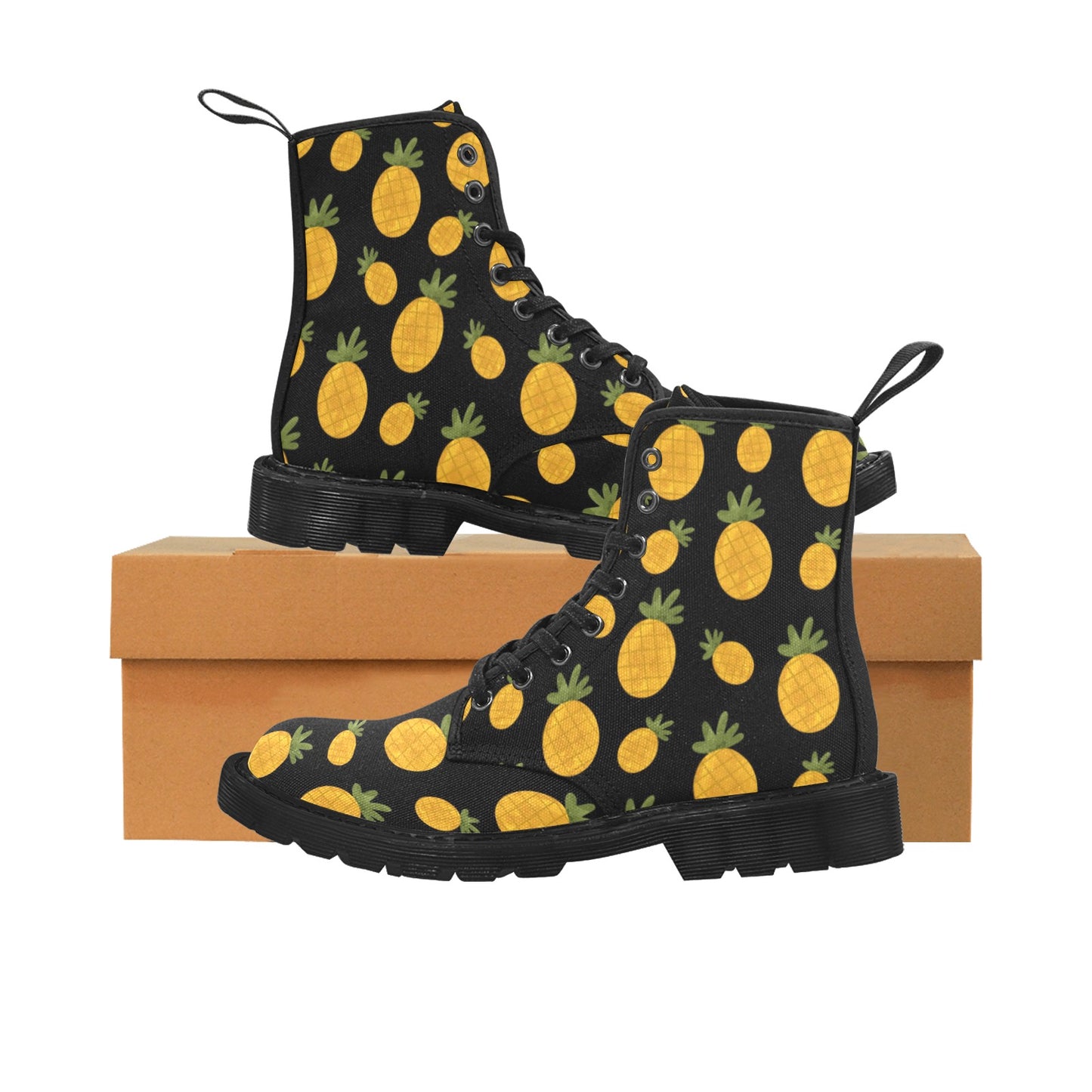 Pineapples on Black Background Women's Lace Up Canvas Boots