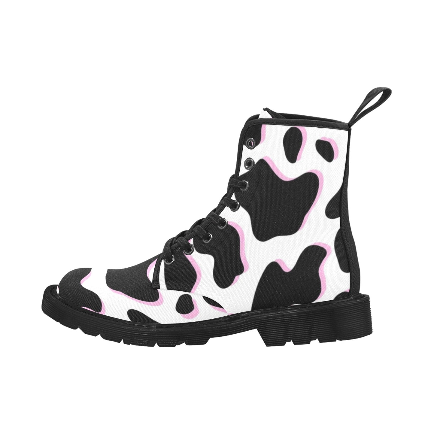Black and Pink Cow Pattern Men's Lace Up Canvas Boots