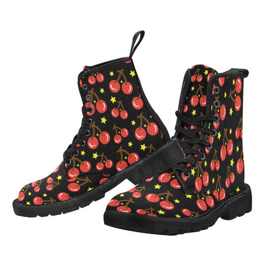 Cherries on Black Background Women's Lace Up Canvas Boots