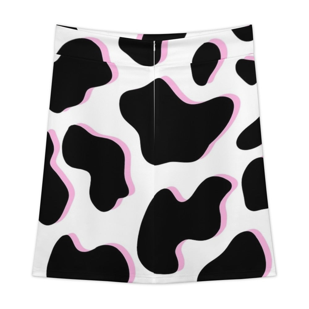 Pink Black Cow Print Zipper Skirt Women's Short Dress