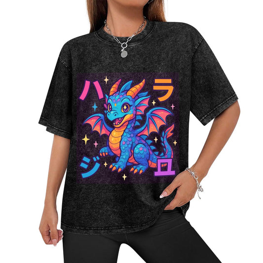 Harajuku Kawaii Dragon Vintage Wash Off Shoulder T-Shirt