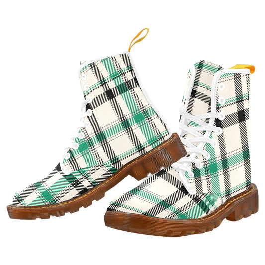 White Green Black Plaid Women's Lace Up Canvas Boots