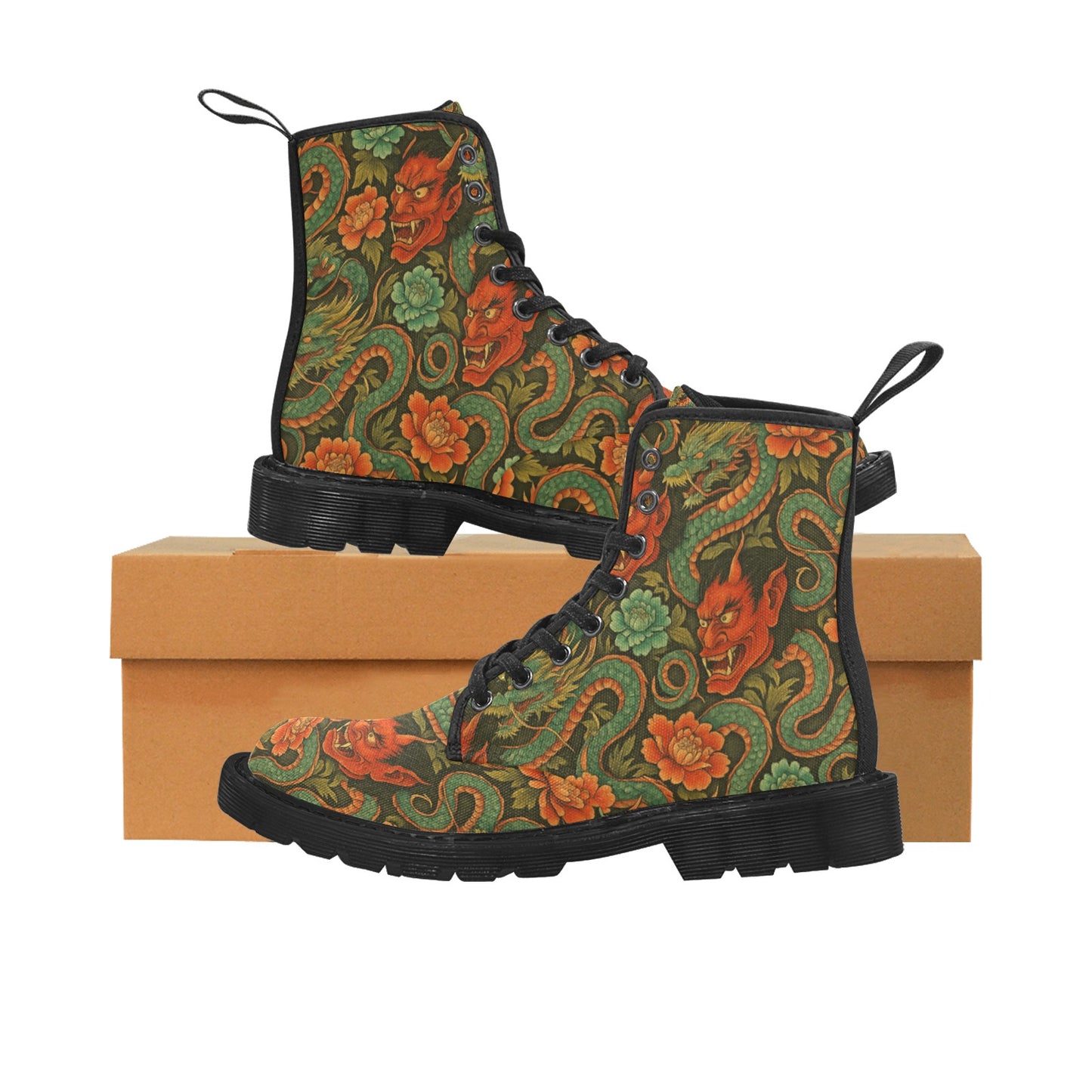 Red Dragon Devil Pattern Women's Lace Up Canvas Boots