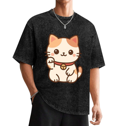 Kawaii Japanese Cat Vintage Wash Off Shoulder T-Shirt