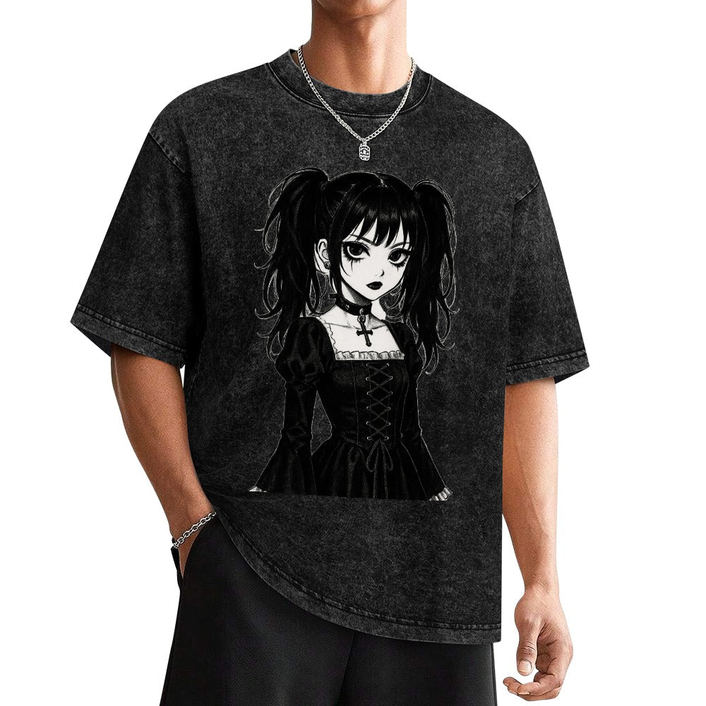 Goth Emo Harajuku Girl Vintage Wash Off Shoulder Tee