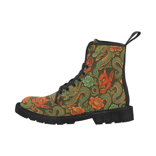 Red Dragon Devil Pattern Women's Lace Up Canvas Boots