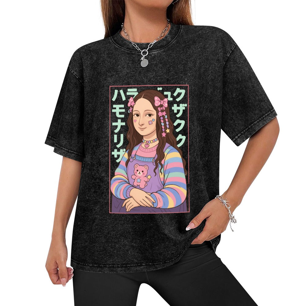 Harajuku Kawaii Mona Lisa Vintage Wash Off Shoulder Tee