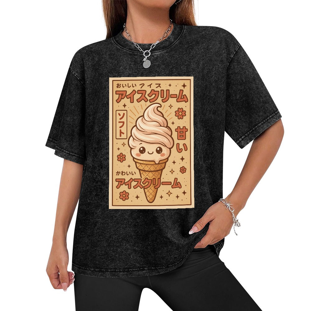 Kawaii Ice Cream Cone Vintage Wash Off Shoulder T-Shirt