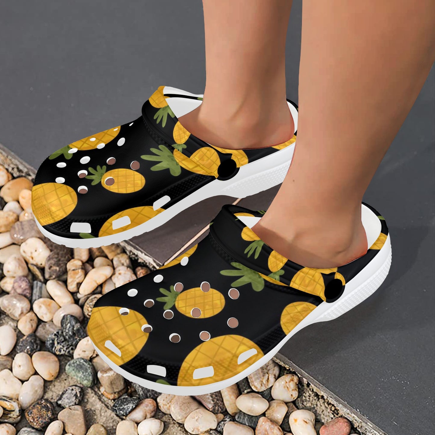 Black Pineapple Print Adults Clogs