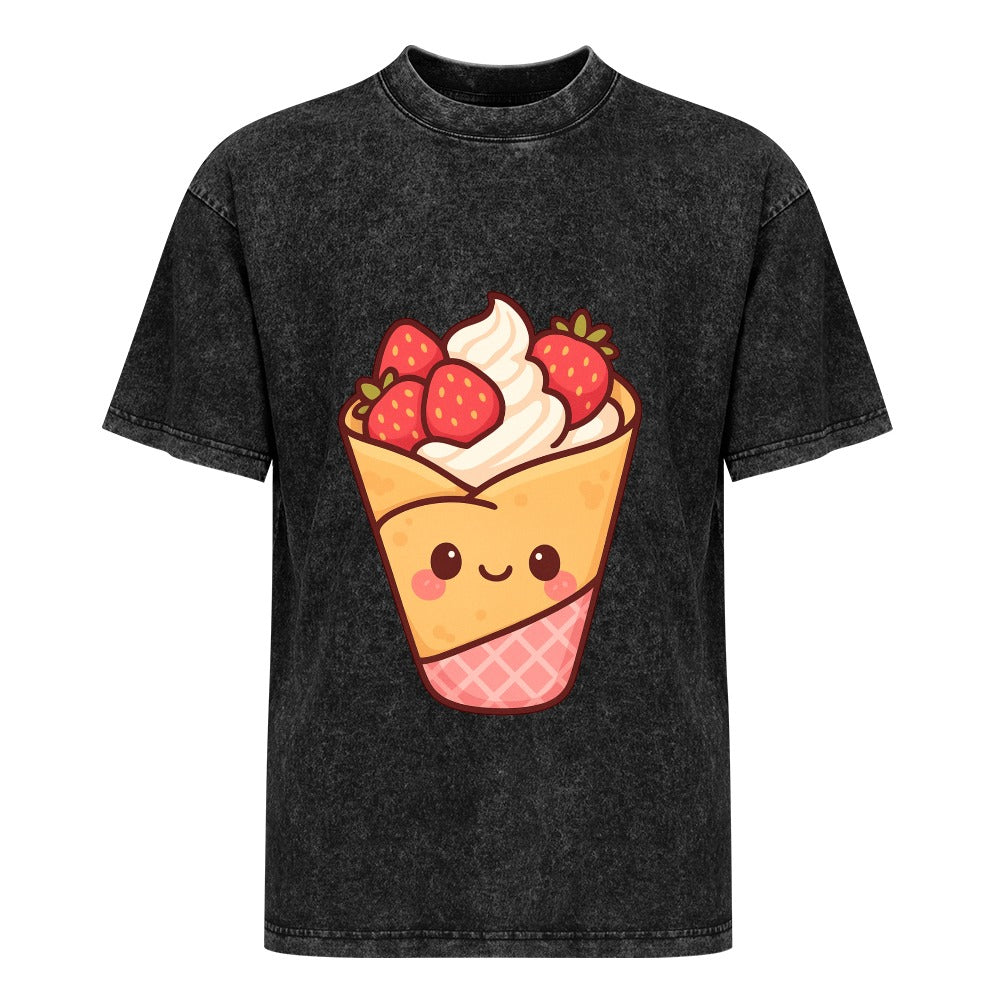 Kawaii Strawberry Crepe Vintage Off-Shoulder T-Shirt