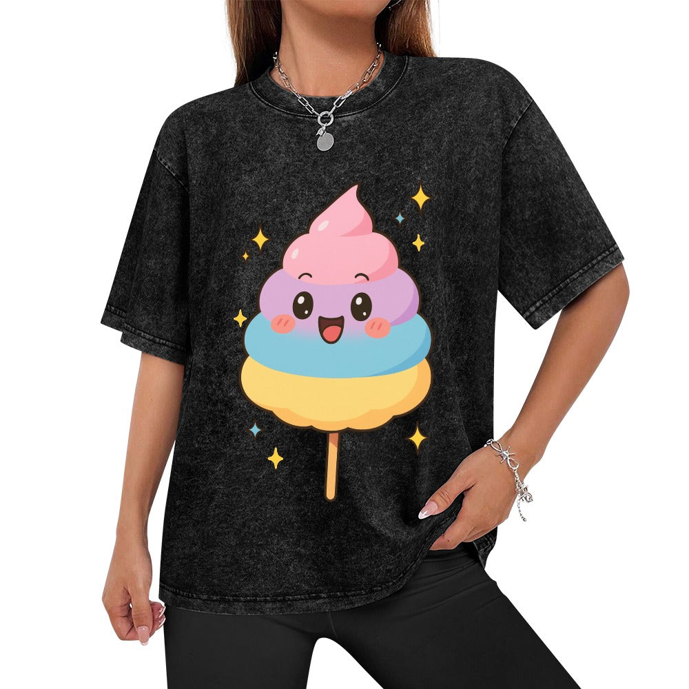 Kawaii Cotton Candy Hot Vintage Wash Off Shoulder T-Shirt