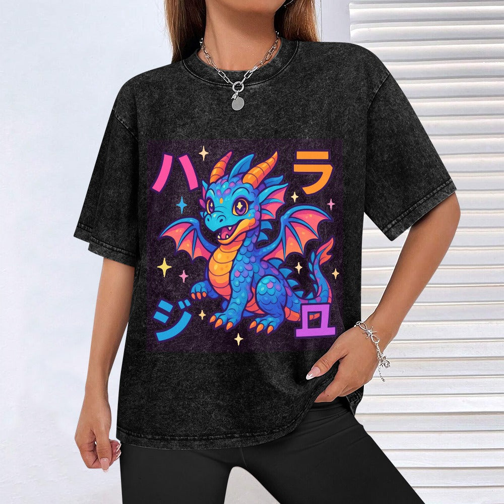 Harajuku Kawaii Dragon Vintage Wash Off Shoulder T-Shirt