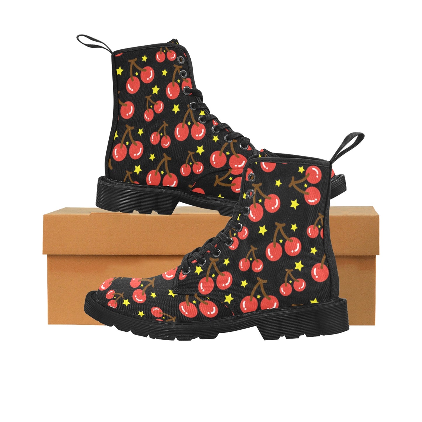 Cherries on Black Background Women's Lace Up Canvas Boots