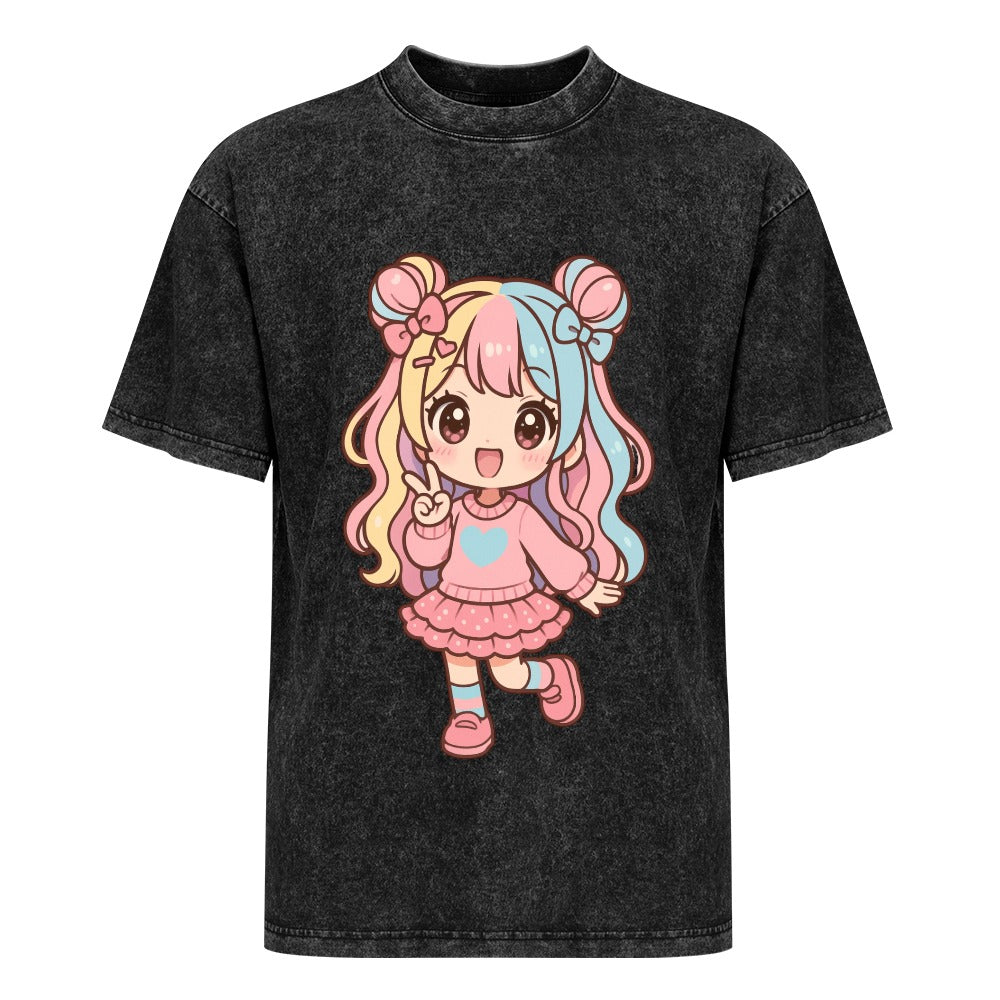 Kawaii Harajuku Girl Vintage Wash Off Shoulder Tee