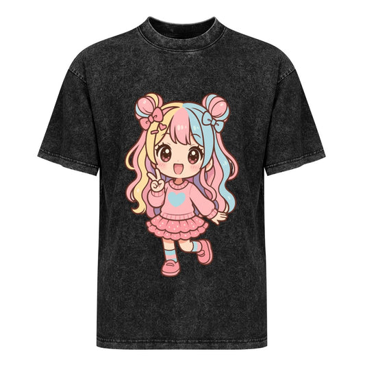 Kawaii Harajuku Girl Vintage Wash Off Shoulder Tee