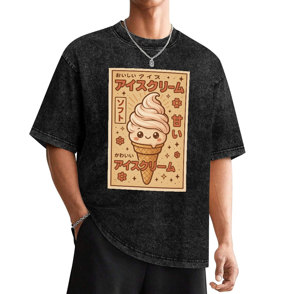 Kawaii Ice Cream Cone Vintage Wash Off Shoulder T-Shirt
