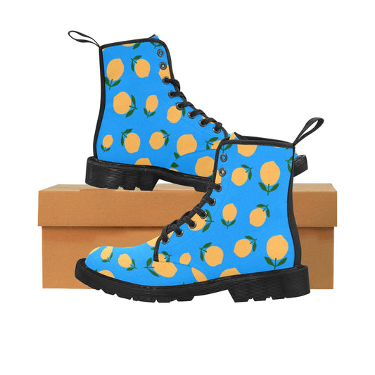 Yellow Fruit Blue Background Women's Lace Up Canvas Boots