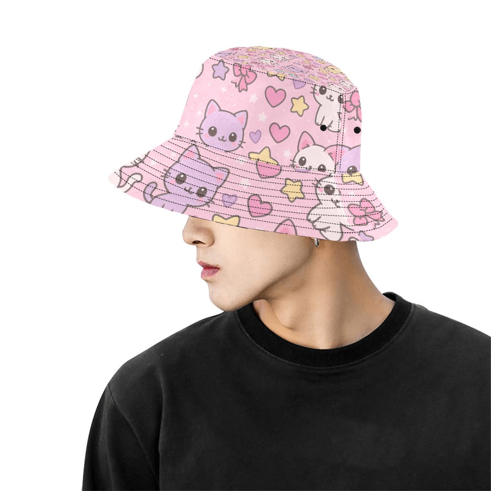 Pink Kawaii Harajuku Pattern Cats Men's Bucket Hat
