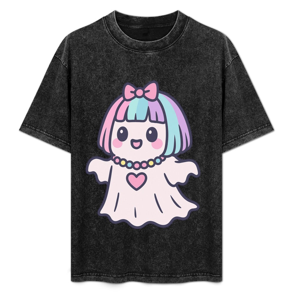 Kawaii Harajuku Ghost Vintage Wash Off Shoulder Tee