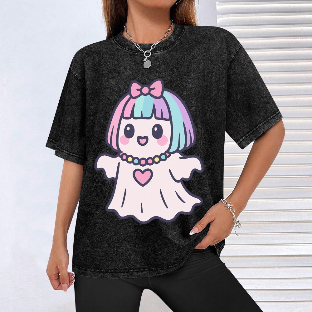 Kawaii Harajuku Ghost Vintage Wash Off Shoulder Tee