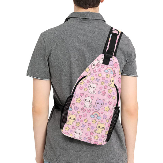 Cute Kawaii Pink Cat Rainbow Men's Casual Chest Bag