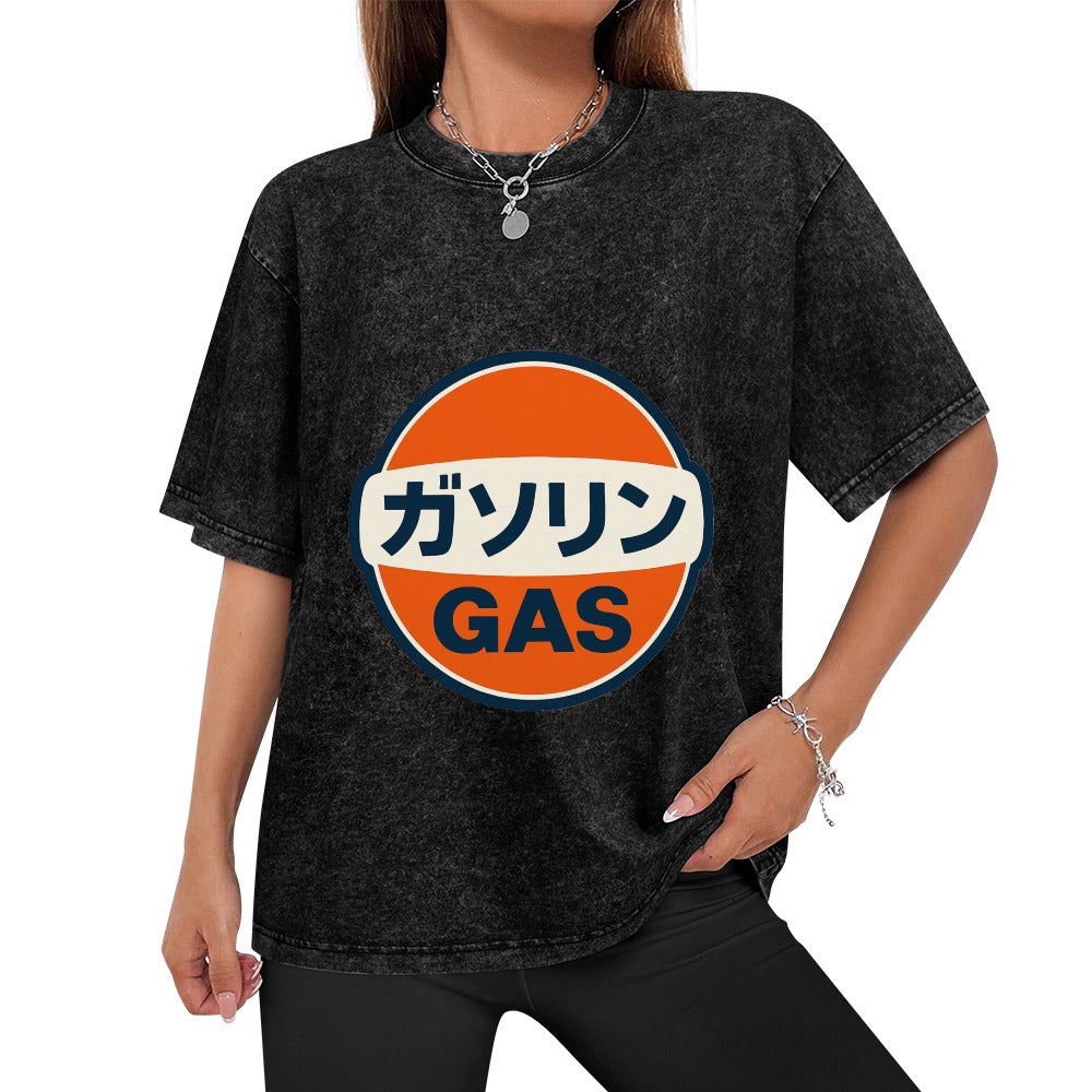 Japanese Gas Station Logo Vintage Wash Off Shoulder Tee