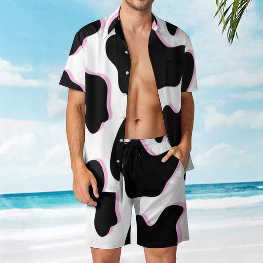 Playful Black and White Pink Cow Pattern Leisure Beach Suit
