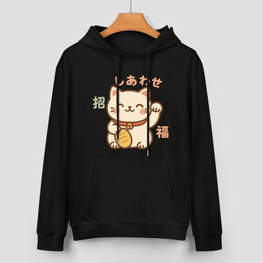 Lucky Cat Pure Cotton Hoodie Sweater - Black