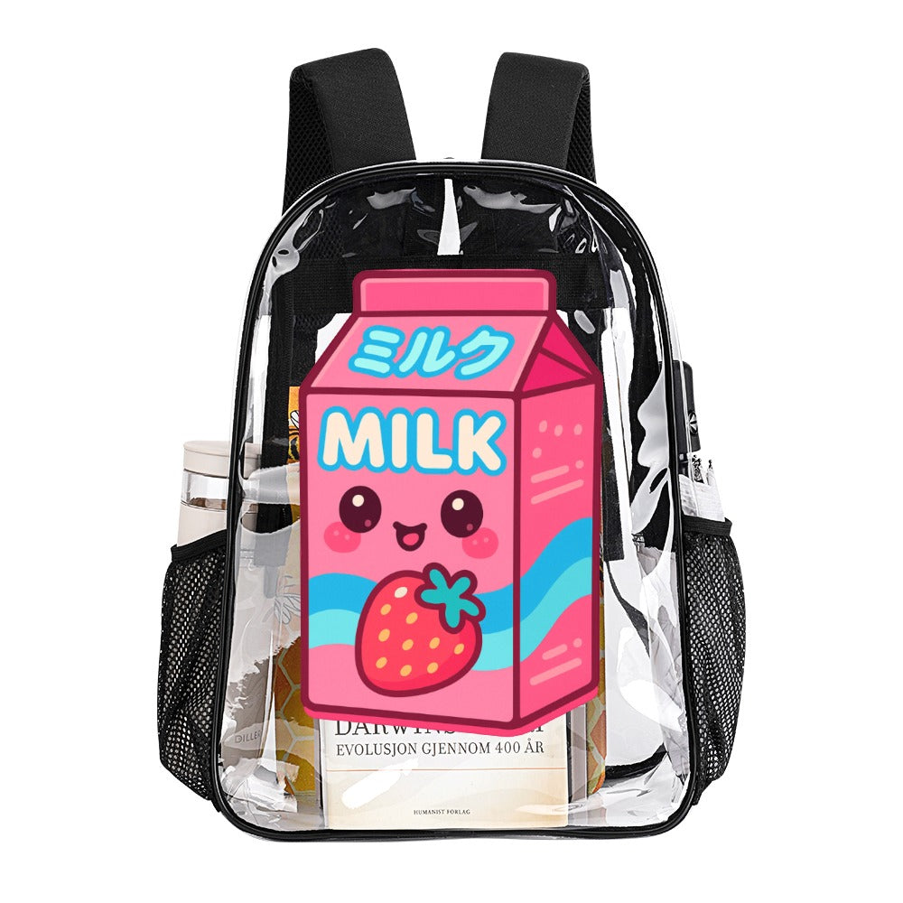 Kawaii Pink Strawberry Milk Transparent Backpack