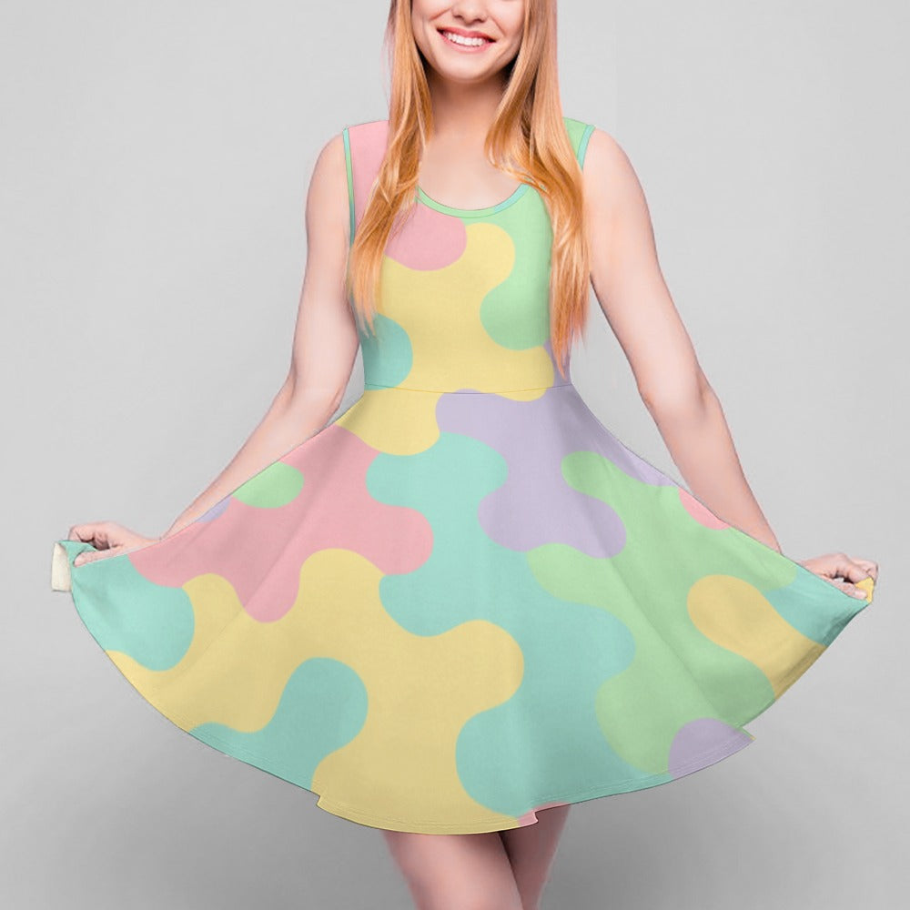 Pastel Rainbow Camo Harajuku Women's Round Neck Sleeveless Big Hem Dress