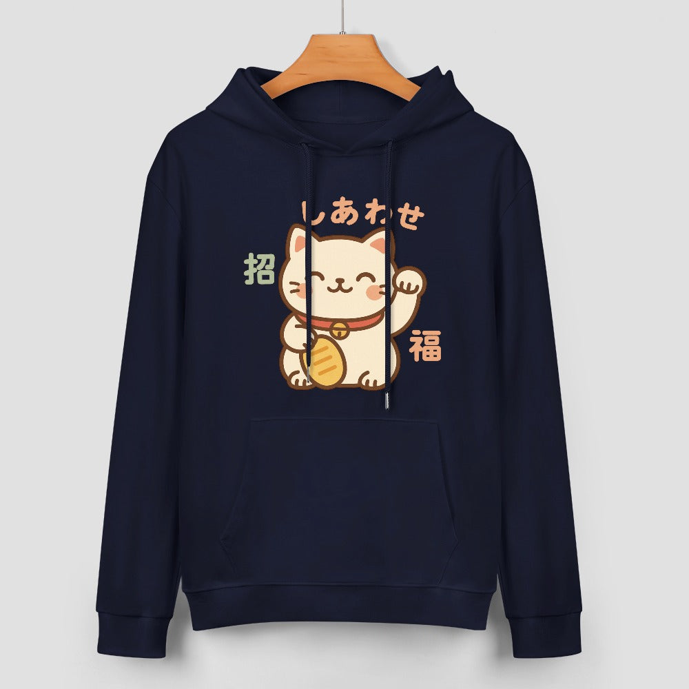 Lucky Cat Pure Cotton Hoodie - Navy Blue