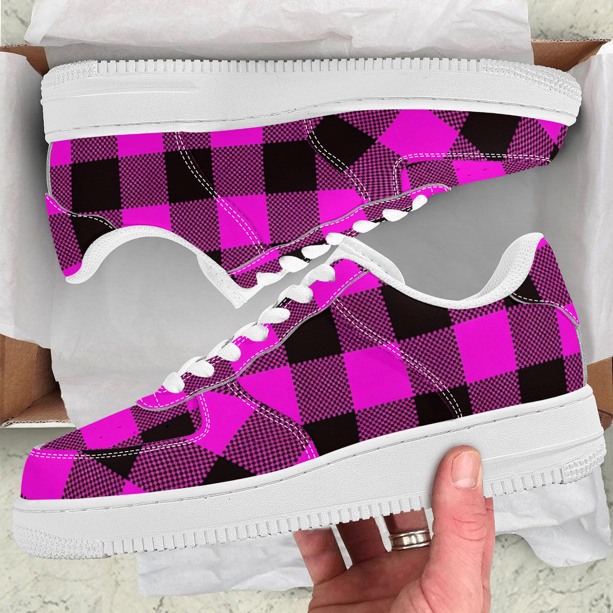 Hot Pink and Black Plaid Low Top Unisex Sneaker