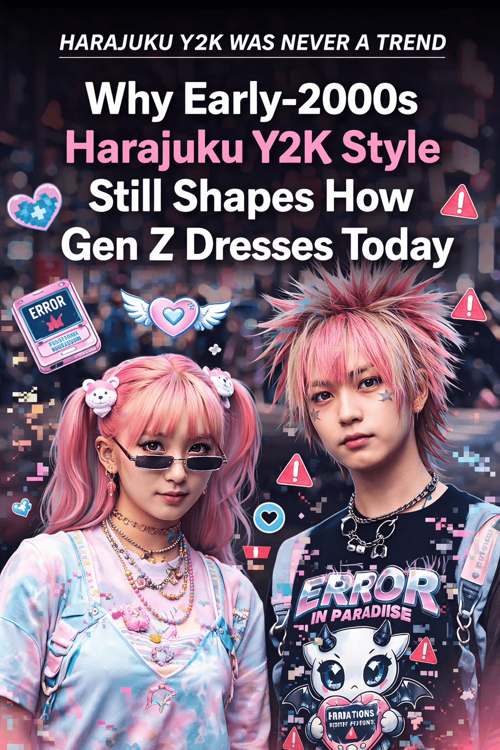 Harajuku Y2K fashion cover image showing two Gen Z models in early-2000s Tokyo street style with pastel hair, layered accessories, glitch graphics, and tech-inspired details representing the influence of Harajuku Y2K on modern Gen Z fashion.