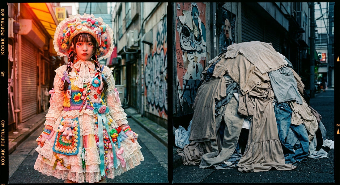 A vibrant, handcrafted Harajuku outfit glowing with color and individuality stands in contrast to a shadowy pile of mass-produced fast fashion garments in a gritty Tokyo alleyway.