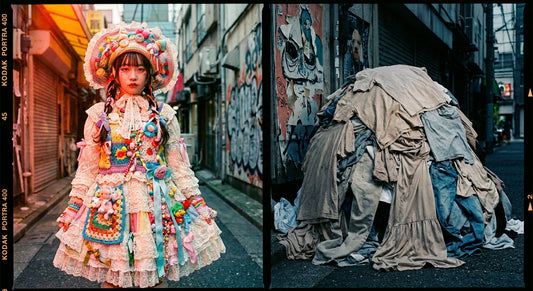 A vibrant, handcrafted Harajuku outfit glowing with color and individuality stands in contrast to a shadowy pile of mass-produced fast fashion garments in a gritty Tokyo alleyway.