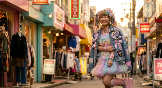 A boldly dressed young woman in a layered, colorful Harajuku-inspired outfit stands confidently on a vibrant Tokyo street at golden hour.