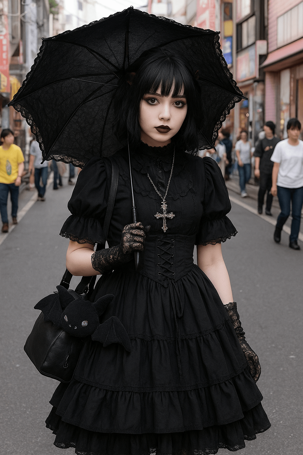 Harajuku goth fashion on the streets of Tokyo featuring a gothic Harajuku outfit with black lace parasol, corset dress, platform style, and bat accessory inspired by Japanese alternative street style.