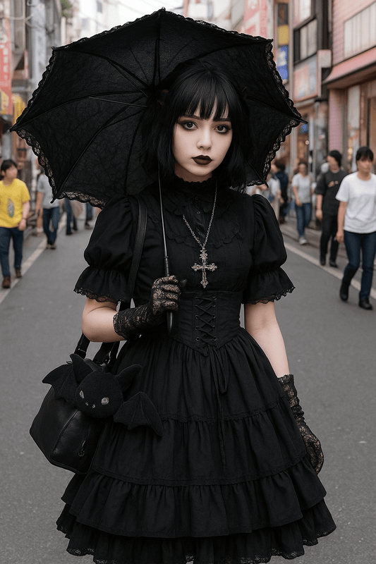 Harajuku goth fashion on the streets of Tokyo featuring a gothic Harajuku outfit with black lace parasol, corset dress, platform style, and bat accessory inspired by Japanese alternative street style.
