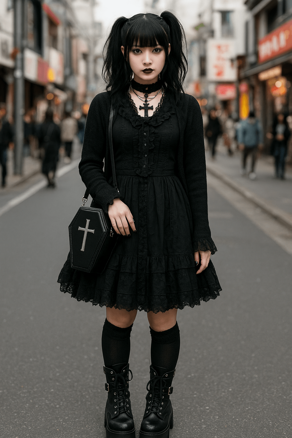Harajuku gothic style outfit featuring a black lace dress, cross accessories, and platform boots on a Tokyo street in Harajuku