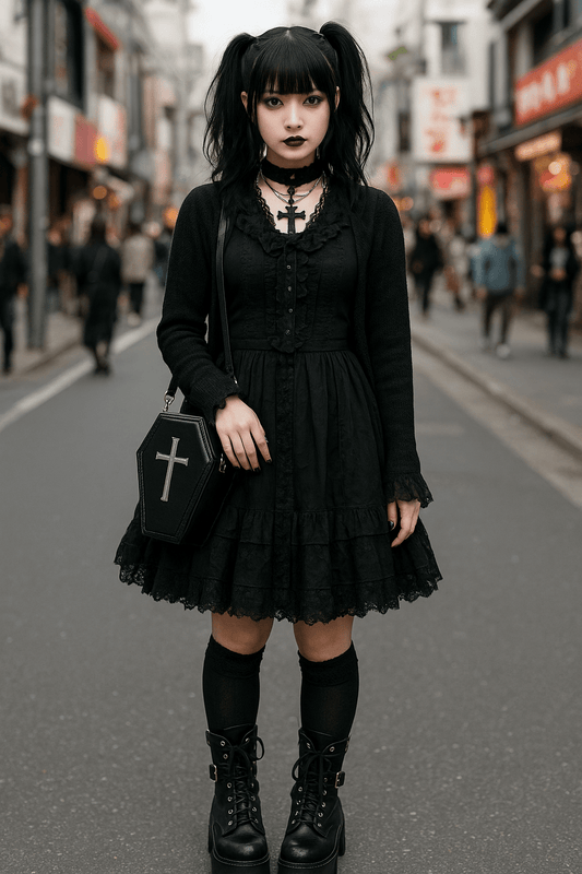 Harajuku gothic style outfit featuring a black lace dress, cross accessories, and platform boots on a Tokyo street in Harajuku