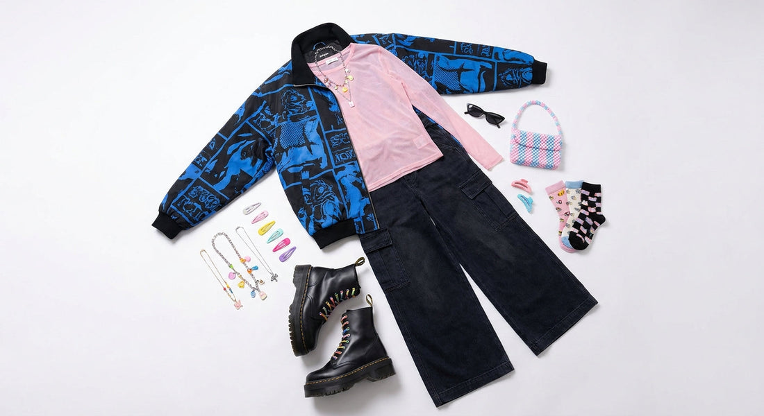 A flatlay of a layered Harajuku street style outfit featuring an oversized jacket, wide-leg pants, platform boots, and a colorful collection of accessories arranged on a white surface.