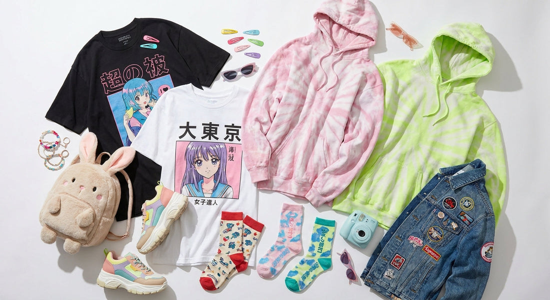 A colorful editorial flat lay of Japanese Harajuku streetwear clothing and accessories including graphic tees, kawaii accessories, and chunky sneakers arranged on a white surface.