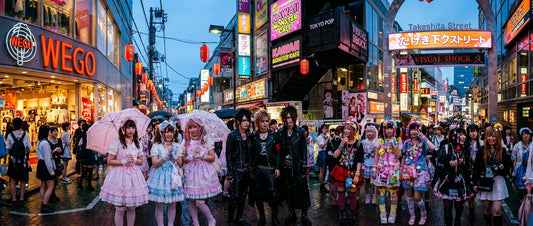A cinematic Tokyo street scene at twilight featuring diverse figures dressed in vibrant, layered Harajuku street fashion styles under glowing neon lights.