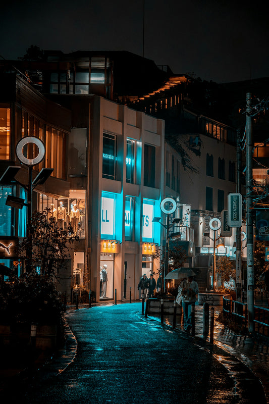 City street at night with glowing lights