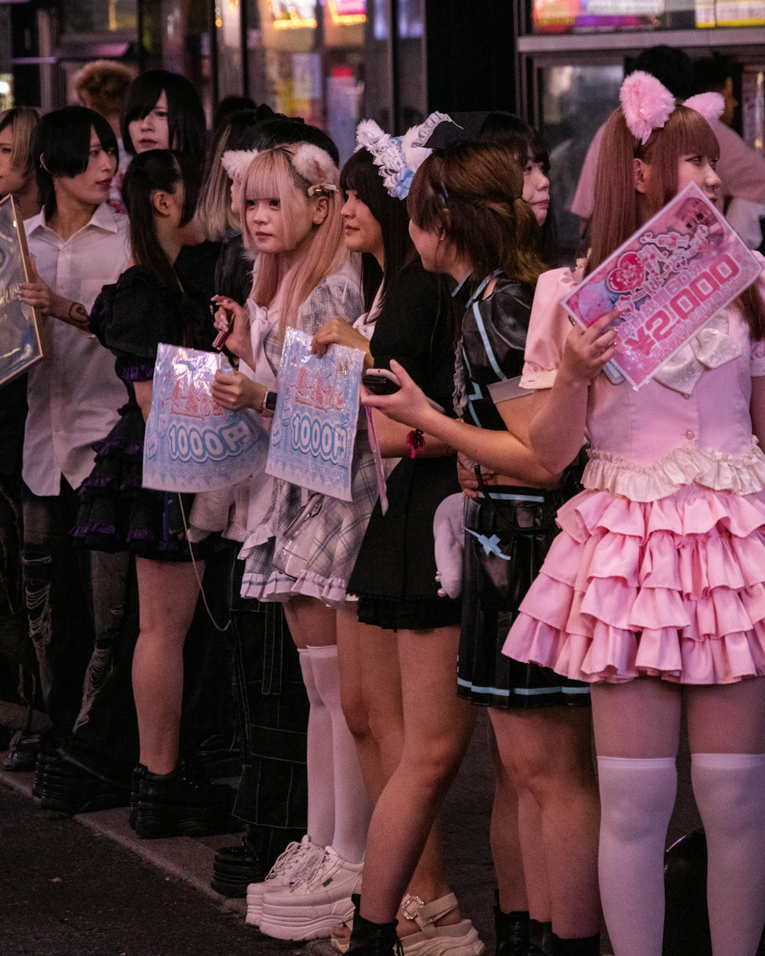 Young women in alternative fashion holding signs on a street.